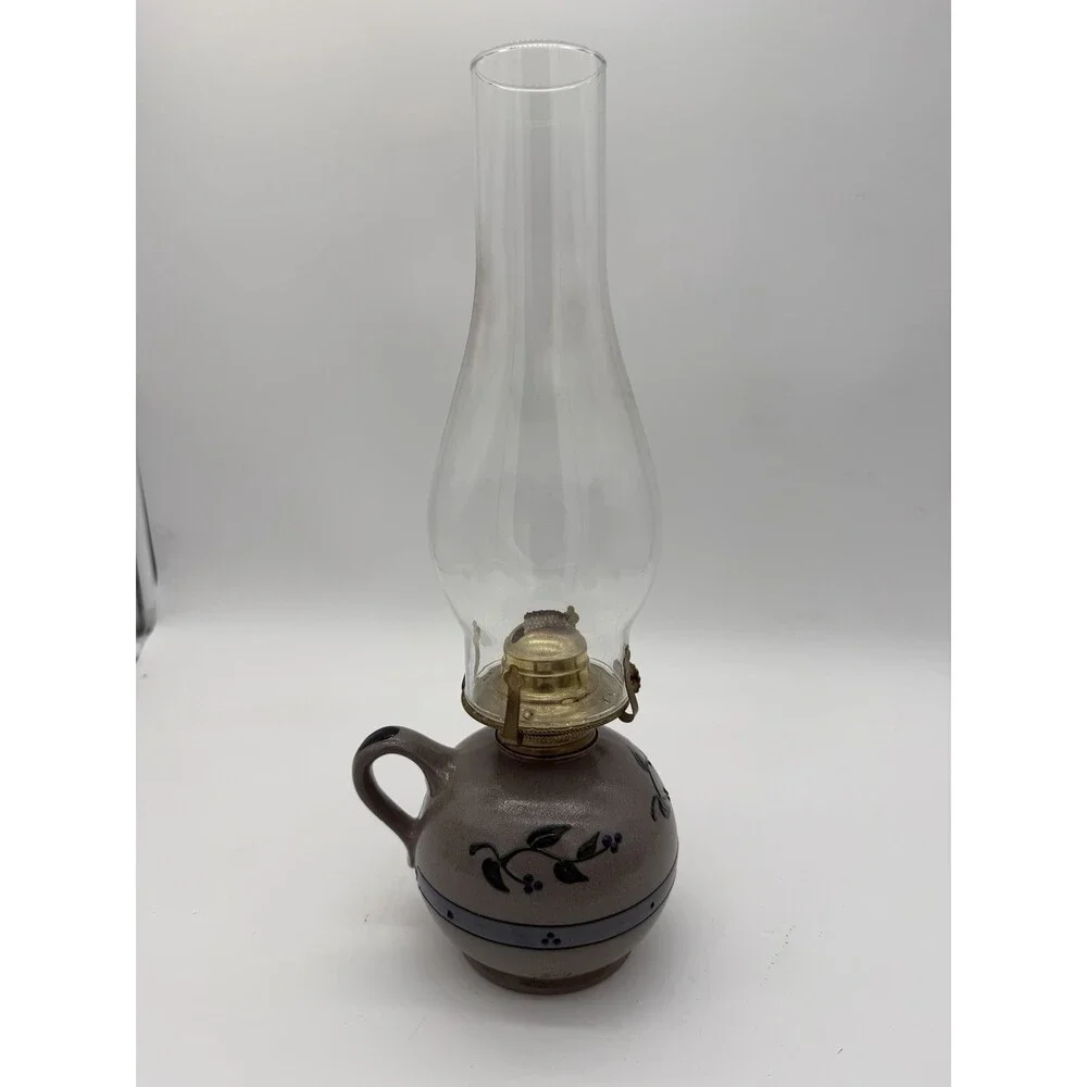 Rare Rowe Pottery Works Salt Glazed USA Oil Lamp Floral Pattern Painted 15”